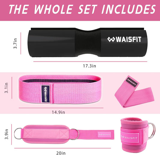 Gym Barbell Pad Set for Women and Men Gym Equipment, Barbell Pad Gym Essentials Women, Gym Accessories for Women with Barbell Pad, Resistance Bands, Ankle Safety Straps, Lifting Strap and Carry Bag