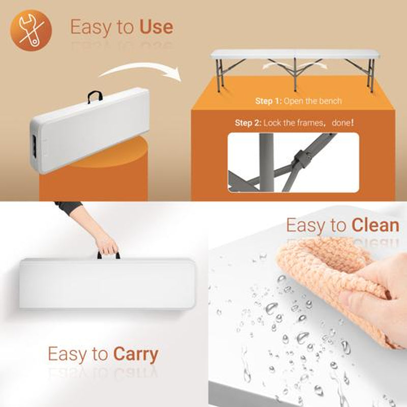 6 Feet Plastic Folding Bench,Portable In/Outdoor Picnic Party Camping Dining Seat, Garden Soccer Multipurpose Entertaining Activities, 1 Pack & 2 Pack