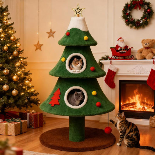 Comhoma 52" Christmas Cat Tree with 2 Cozy Houses,Indoor Modern Cat Tower with Anti-Tip Kit,Plush Perches & Hanging Balls,Holiday Cat Climbing Furniture for Kittens to Play and Sleep
